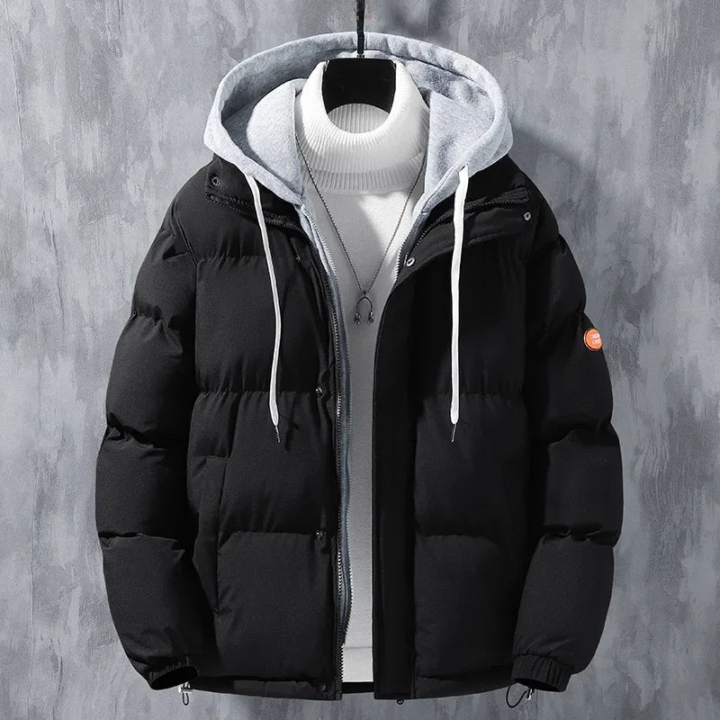 Winter Loose-fit Thickened Warm Cotton Coat Hood For Men Trendy Student Puffer Jacket Two-piece Illusion