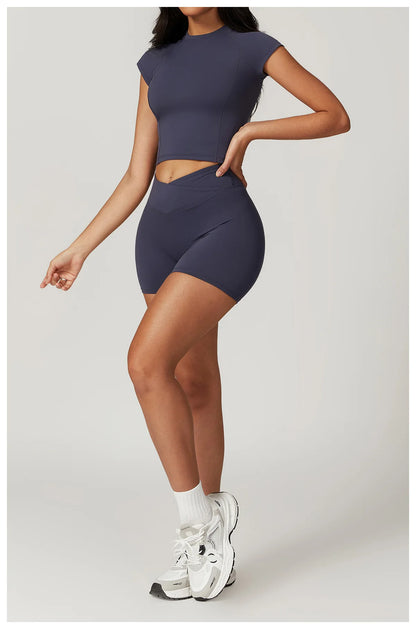 Ensemble de vêtements de sport pour femmes 2 pièces - Costume de sport - Vêtements d'entraînement - Haut court à manches courtes - Leggings taille haute - Vêtements de fitness.