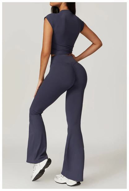 Ensemble de vêtements de sport pour femmes 2 pièces - Costume de sport - Vêtements d'entraînement - Haut court à manches courtes - Leggings taille haute - Vêtements de fitness.