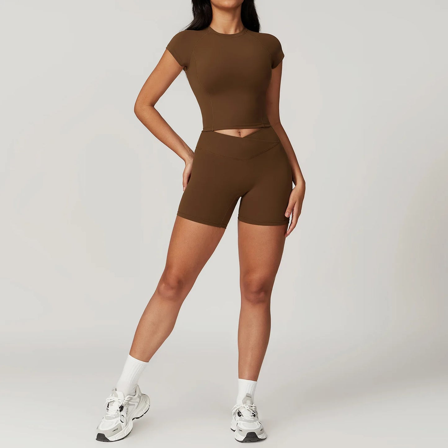 Ensemble de vêtements de sport pour femmes 2 pièces - Costume de sport - Vêtements d'entraînement - Haut court à manches courtes - Leggings taille haute - Vêtements de fitness.