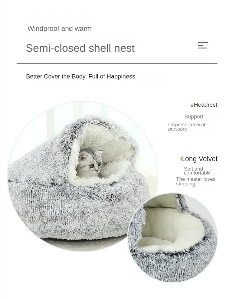 Lit douillet en peluche pour animaux d'hiver - Coussin rond pour chat - Maison pour chat 2 en 1 - Panier chaud pour chats - Sac de sommeil pour animaux - Nid pour chaton - Chenil pour petits chiens et chats.