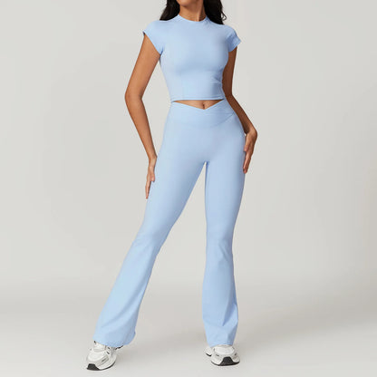 Ensemble de vêtements de sport pour femmes 2 pièces - Costume de sport - Vêtements d'entraînement - Haut court à manches courtes - Leggings taille haute - Vêtements de fitness.