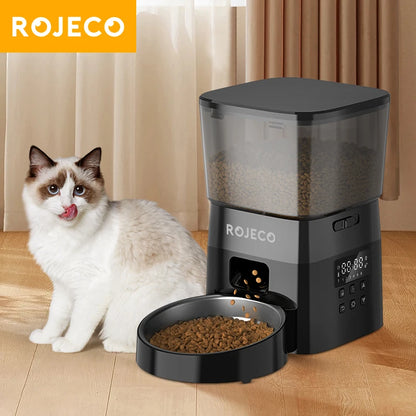 Distributeur automatique de nourriture pour chiens ROJECO, distributeur de croquettes intelligent pour chats et chiens de compagnie, conteneur de stockage de nourriture automatique, version avec bouton, bol de nourriture pour