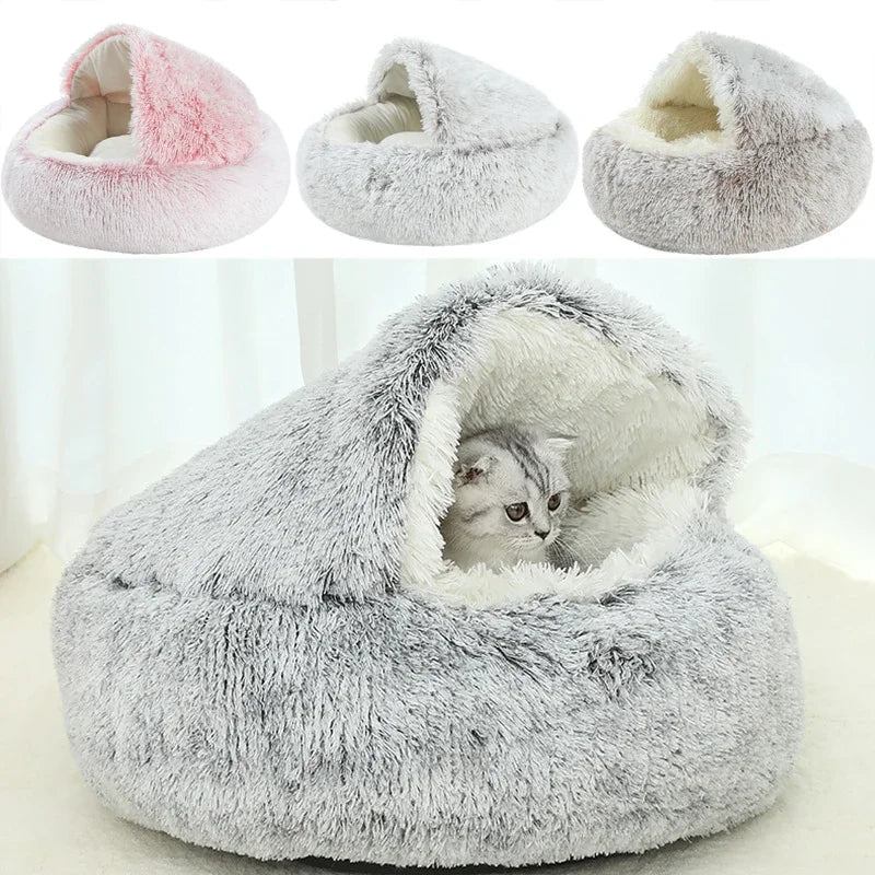 Lit douillet en peluche pour animaux d'hiver - Coussin rond pour chat - Maison pour chat 2 en 1 - Panier chaud pour chats - Sac de sommeil pour animaux - Nid pour chaton - Chenil pour petits chiens et chats.