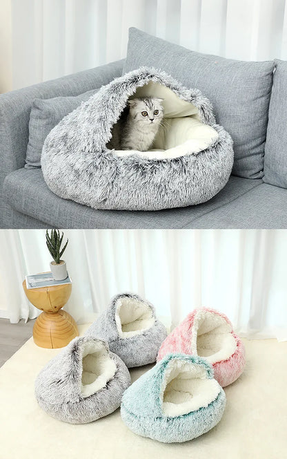 Lit douillet en peluche pour animaux d'hiver - Coussin rond pour chat - Maison pour chat 2 en 1 - Panier chaud pour chats - Sac de sommeil pour animaux - Nid pour chaton - Chenil pour petits chiens et chats.