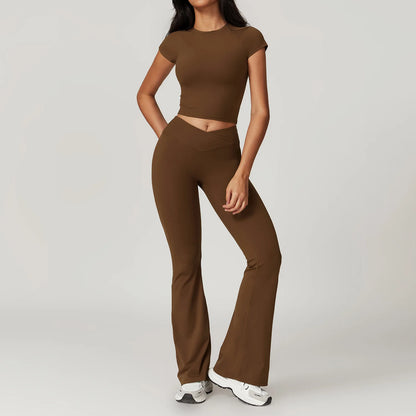 Ensemble de vêtements de sport pour femmes 2 pièces - Costume de sport - Vêtements d'entraînement - Haut court à manches courtes - Leggings taille haute - Vêtements de fitness.