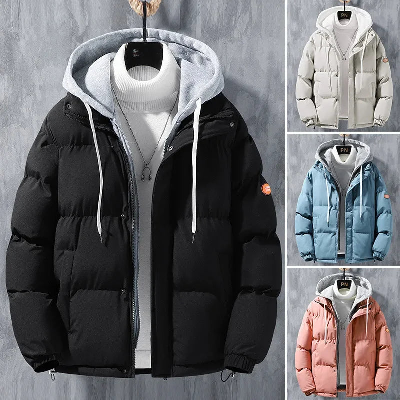 Winter Loose-fit Thickened Warm Cotton Coat Hood For Men Trendy Student Puffer Jacket Two-piece Illusion