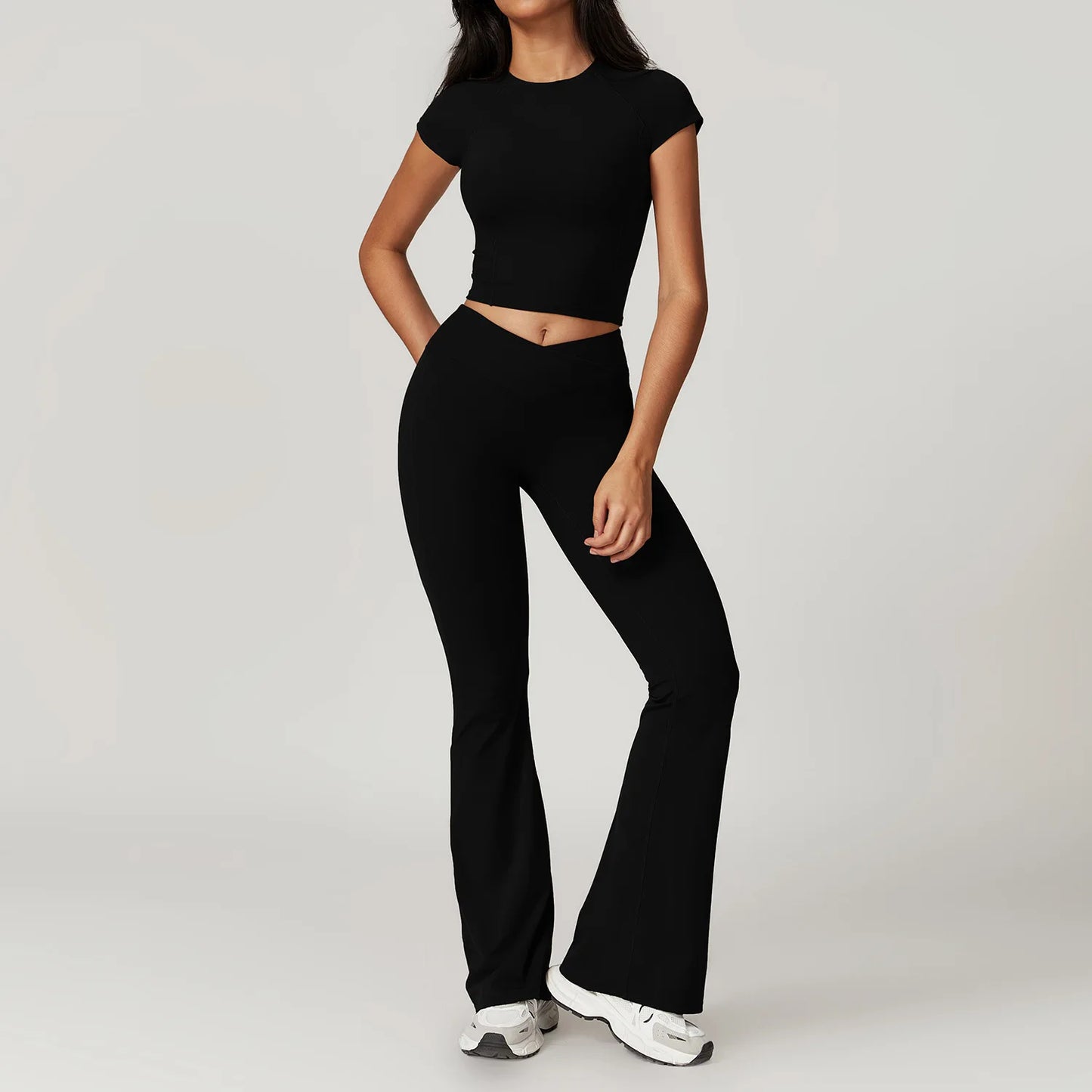 Ensemble de vêtements de sport pour femmes 2 pièces - Costume de sport - Vêtements d'entraînement - Haut court à manches courtes - Leggings taille haute - Vêtements de fitness.