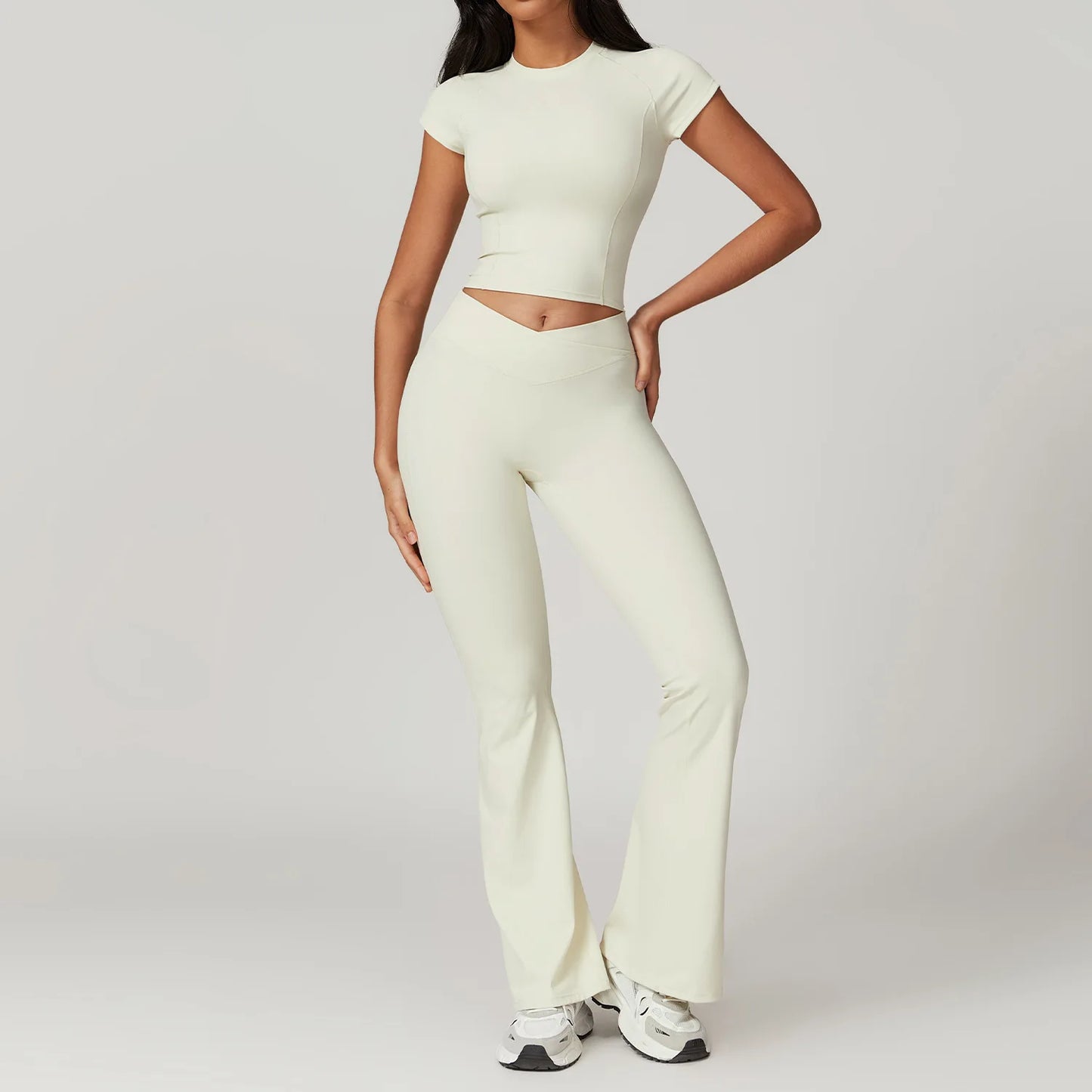 Ensemble de vêtements de sport pour femmes 2 pièces - Costume de sport - Vêtements d'entraînement - Haut court à manches courtes - Leggings taille haute - Vêtements de fitness.