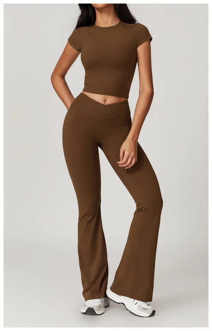 Ensemble de vêtements de sport pour femmes 2 pièces - Costume de sport - Vêtements d'entraînement - Haut court à manches courtes - Leggings taille haute - Vêtements de fitness.