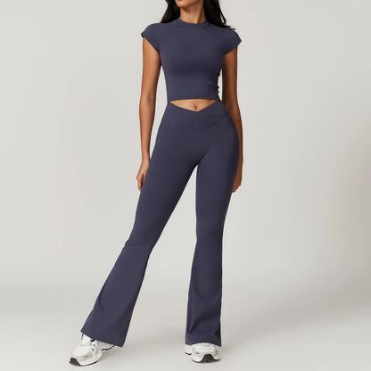 Ensemble de vêtements de sport pour femmes 2 pièces - Costume de sport - Vêtements d'entraînement - Haut court à manches courtes - Leggings taille haute - Vêtements de fitness.