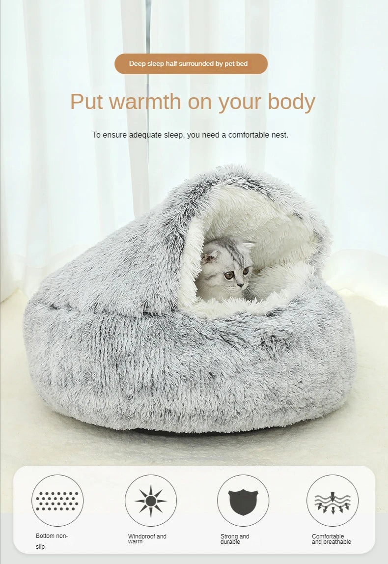 Lit douillet en peluche pour animaux d'hiver - Coussin rond pour chat - Maison pour chat 2 en 1 - Panier chaud pour chats - Sac de sommeil pour animaux - Nid pour chaton - Chenil pour petits chiens et chats.