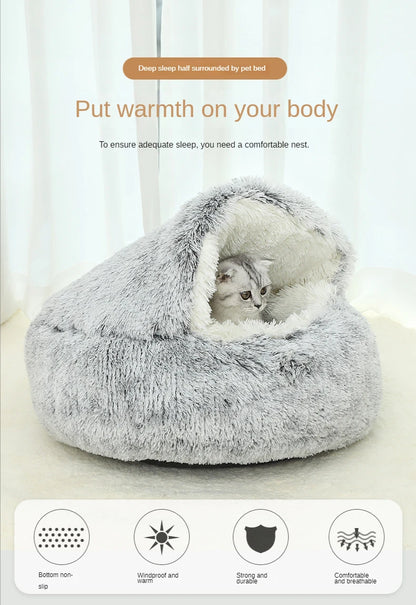 Lit douillet en peluche pour animaux d'hiver - Coussin rond pour chat - Maison pour chat 2 en 1 - Panier chaud pour chats - Sac de sommeil pour animaux - Nid pour chaton - Chenil pour petits chiens et chats.