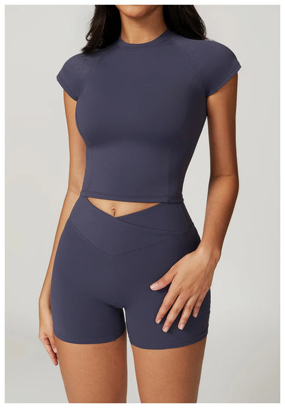 Ensemble de vêtements de sport pour femmes 2 pièces - Costume de sport - Vêtements d'entraînement - Haut court à manches courtes - Leggings taille haute - Vêtements de fitness.