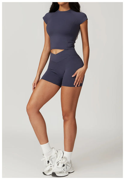 Ensemble de vêtements de sport pour femmes 2 pièces - Costume de sport - Vêtements d'entraînement - Haut court à manches courtes - Leggings taille haute - Vêtements de fitness.